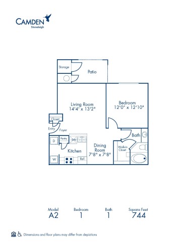 Blueprint of A2 Floor Plan, 1 Bedroom and 1 Bathroom at Camden Stoneleigh Apartments in Austin, TX