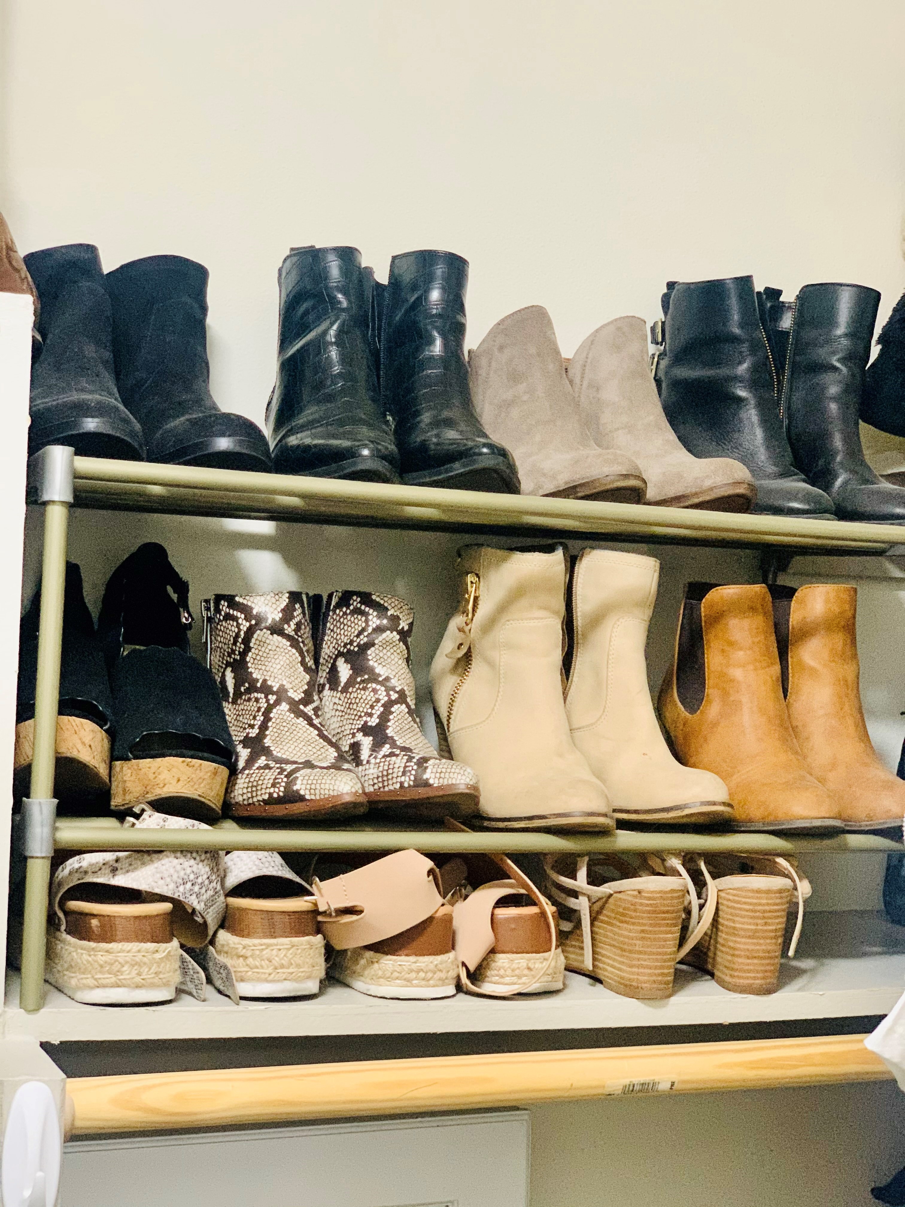Shoe rack on closet shelf