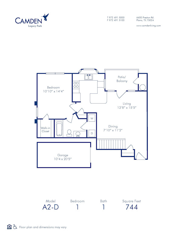 Blueprint of A2D Floor Plan, 1 Bedroom and 1 Bathroom at Camden Legacy Park Apartments in Plano, TX