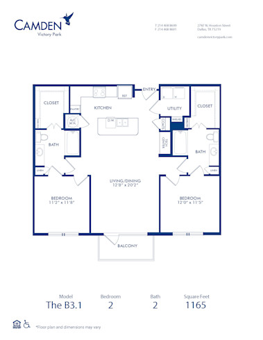 Blueprint of B3.1 Floor Plan, 2 Bedrooms and 2 Bathrooms at Camden Victory Park Apartments in Dallas, TX