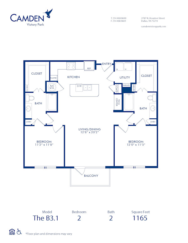 Blueprint of B3.1 Floor Plan, 2 Bedrooms and 2 Bathrooms at Camden Victory Park Apartments in Dallas, TX