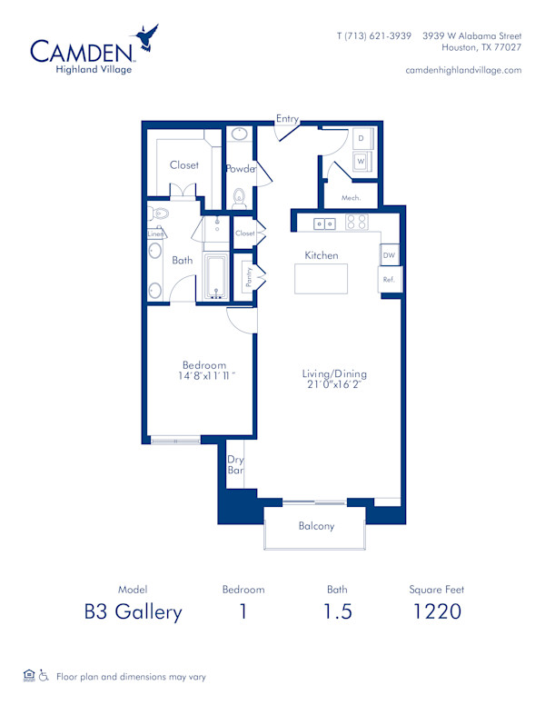 Camden Highland Village apartments in Houston, TX Gallery one bedroom floor plan B3
