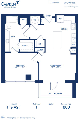 Blueprint of A2.1 Floor Plan, One Bedroom and One Bathroom at McGowen Station Apartments in Midtown Houston, TX