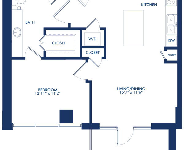 Blueprint of A2.1 Floor Plan, One Bedroom and One Bathroom at McGowen Station Apartments in Midtown Houston, TX
