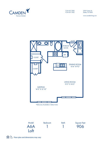 Blueprint of A6A - Loft Floor Plan, 1 Bedroom and 1 Bathroom at Camden Farmers Market Apartments in Dallas, TX