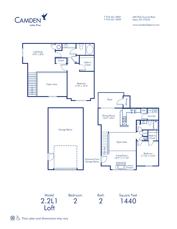 Blueprint of 2.2L1 Floor Plan, 2 Bedrooms and 2 Bathrooms at Camden Lake Pine Apartments in Apex, NC