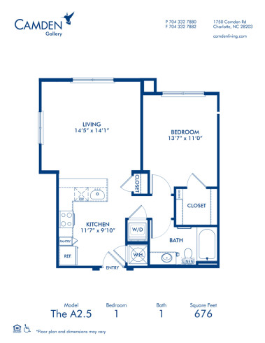 Blueprint of A2.5 Floor Plan, 1 Bedroom and 1 Bathroom at Camden Gallery Apartments in Charlotte, NC