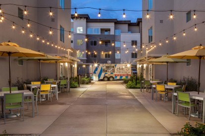 Outdoor dining food trucks area with dining tables