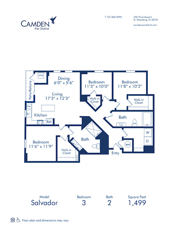 Blueprint of Salvador floor plan, 3 bedroom and 2 bathroom apartment home at Camden Pier District Apartments in St. Petersburg, FL
