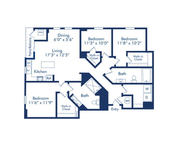 Blueprint of Salvador floor plan, 3 bedroom and 2 bathroom apartment home at Camden Pier District Apartments in St. Petersburg, FL