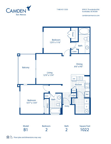 Blueprint of B1 Floor Plan, 2 Bedrooms and 2 Bathrooms at Camden San Marcos Apartments in Scottsdale, AZ