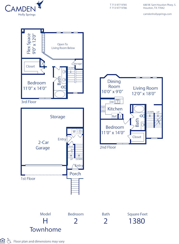 Blueprint of H Townhome Floor Plan, 2 Bedrooms and 2 Bathrooms at Camden Holly Springs Apartments in Houston, TX