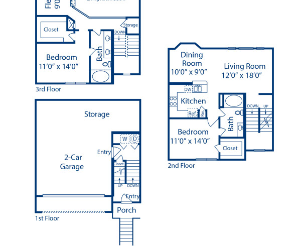 Blueprint of H Townhome Floor Plan, 2 Bedrooms and 2 Bathrooms at Camden Holly Springs Apartments in Houston, TX