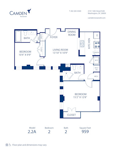 Blueprint of 2.2A Floor Plan, 2 Bedrooms and 2 Bathrooms at Camden Roosevelt Apartments in Washington, DC