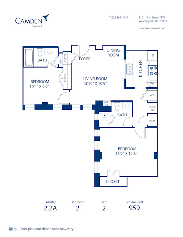 Blueprint of 2.2A Floor Plan, 2 Bedrooms and 2 Bathrooms at Camden Roosevelt Apartments in Washington, DC