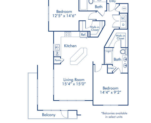 Blueprint of Spring floor plan, two bedroom two bathroom apartment at Camden North Quarter Apartments in Orlando, FL
