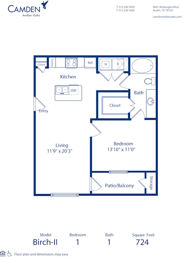 Blueprint of Birch - II Floor Plan, 1 Bedroom and 1 Bathroom at Camden Amber Oaks II Apartments in Austin, TX