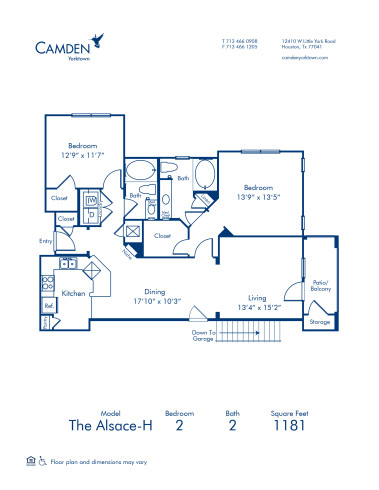 Blueprint of Alsace H Floor Plan, 2 Bedrooms and 2 Bathrooms at Camden Yorktown Apartments in Houston, TX