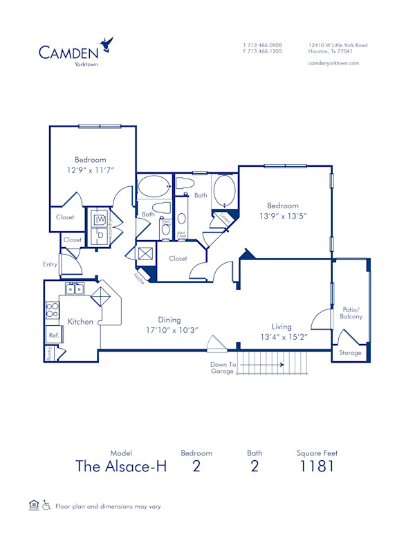 Blueprint of Alsace H Floor Plan, 2 Bedrooms and 2 Bathrooms at Camden Yorktown Apartments in Houston, TX
