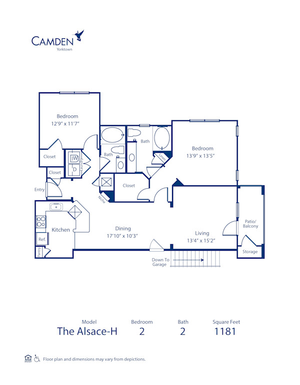 Blueprint of Alsace H Floor Plan, 2 Bedrooms and 2 Bathrooms at Camden Yorktown Apartments in Houston, TX