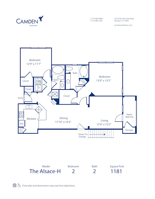 Blueprint of Alsace H Floor Plan, 2 Bedrooms and 2 Bathrooms at Camden Yorktown Apartments in Houston, TX