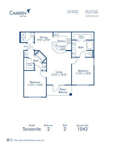Blueprint of Tanzanite Floor Plan, 2 Bedrooms and 2 Bathrooms at Camden Lee Vista Apartments in Orlando, FL