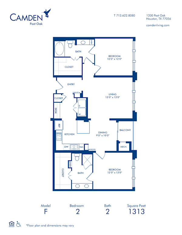 Blueprint of F Floor Plan, 2 Bedrooms and 2 Bathrooms at Camden Post Oak Apartments in Houston, TX