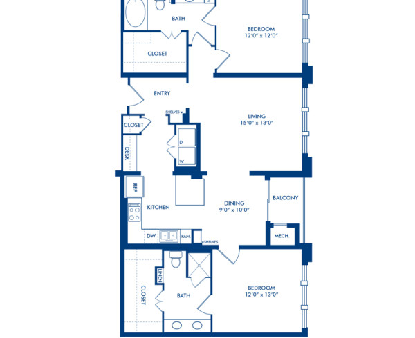 Blueprint of F Floor Plan, 2 Bedrooms and 2 Bathrooms at Camden Post Oak Apartments in Houston, TX