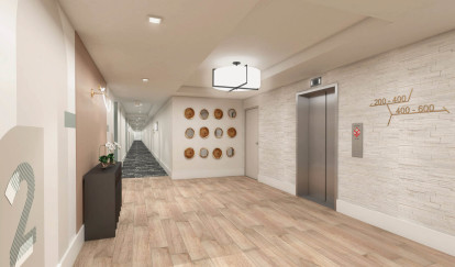 Elevator and hallway at Camden Atlantic apartments
