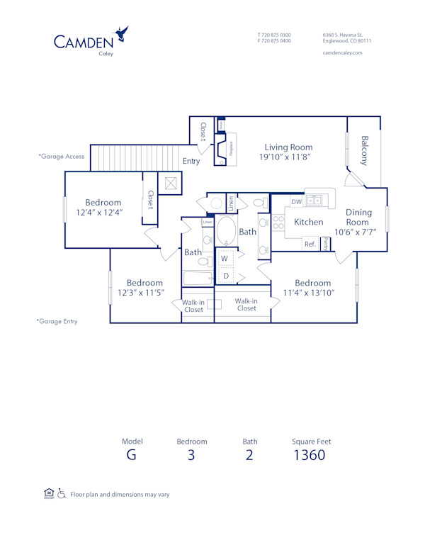 Blueprint of G Floor Plan, 3 Bedrooms and 2 Bathrooms at Camden Caley Apartments in Englewood, CO