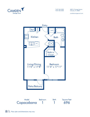 Blueprint of Copacabana Floor Plan, 1 Bedroom and 1 Bathroom at Camden Orange Court Apartments in Orlando, FL