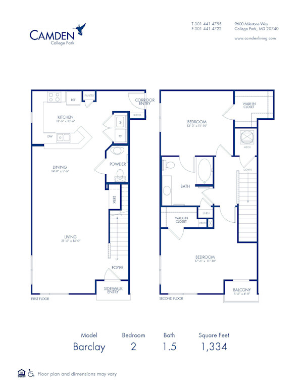 Blueprint of Barclay Floor Plan, 2 Bedrooms and 1.5 Bathrooms at Camden College Park Apartments in College Park, MD