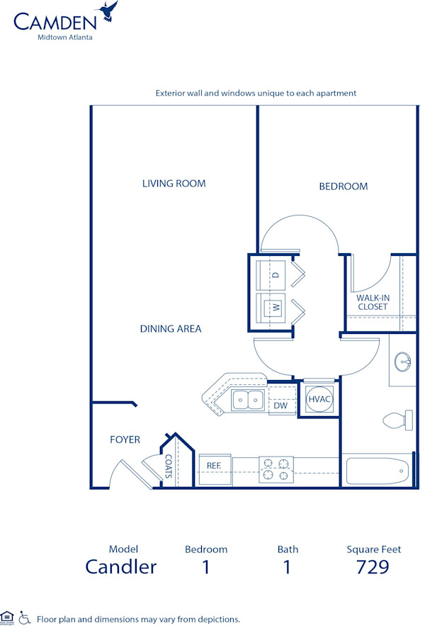 Blueprint of Candler Floor Plan, 1 Bedroom and 1 Bathroom at Camden Midtown Atlanta Apartments in Atlanta, GA