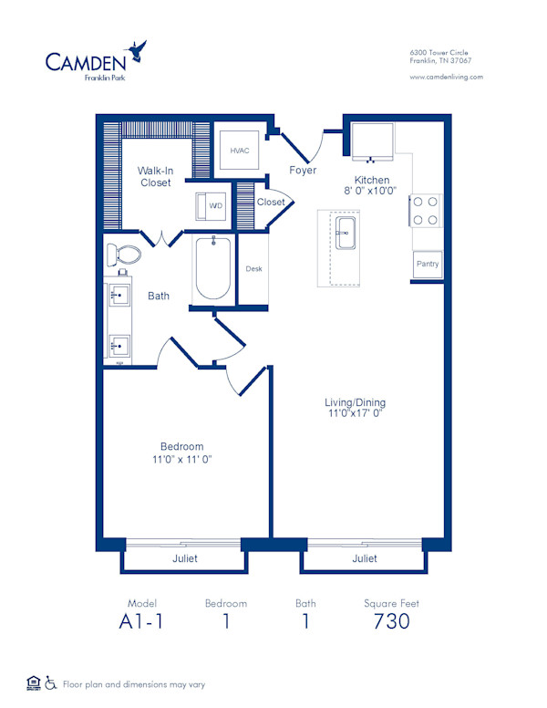 Camden Franklin Park apartments one bedroom floor plan A1.1