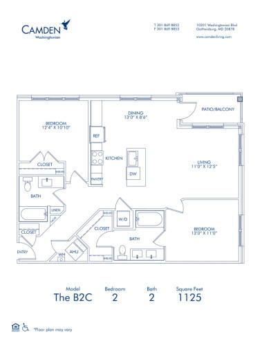 Blueprint of The B2C, 2 bedroom 2 bathroom floor plan at Camden Washingtonian Apartments in Gaithersburg, MD