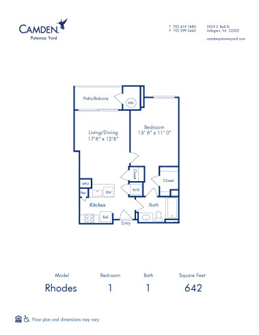 Blueprint of Rhodes Floor Plan, 1 Bedroom and 1 Bathroom at Camden Potomac Yard Apartments in Arlington, VA