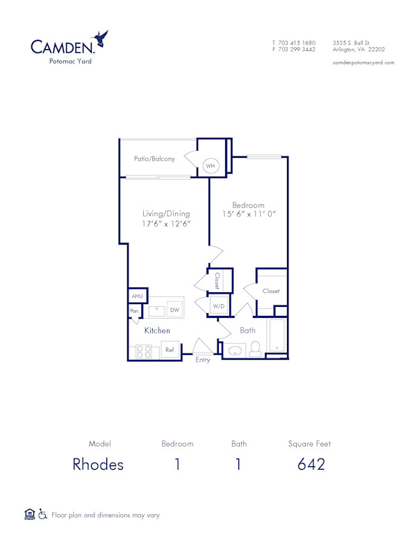 Blueprint of Rhodes Floor Plan, 1 Bedroom and 1 Bathroom at Camden Potomac Yard Apartments in Arlington, VA