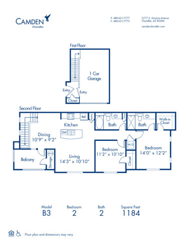 Blueprint of B3 Floor Plan, 2 Bedrooms and 2 Bathrooms at Camden Chandler Apartments in Chandler, AZ