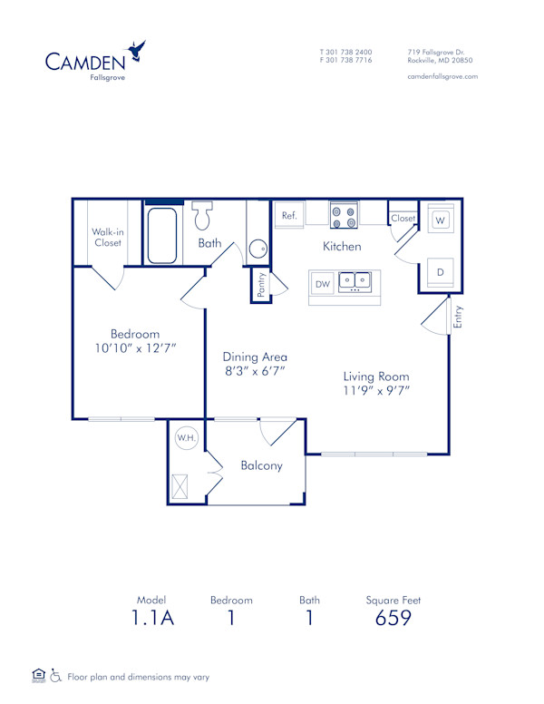Blueprint of 1.1A Floor Plan, 1 Bedroom and 1 Bathroom at Camden Fallsgrove Apartments in Rockville, MD
