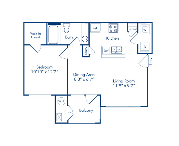 Blueprint of 1.1A Floor Plan, 1 Bedroom and 1 Bathroom at Camden Fallsgrove Apartments in Rockville, MD