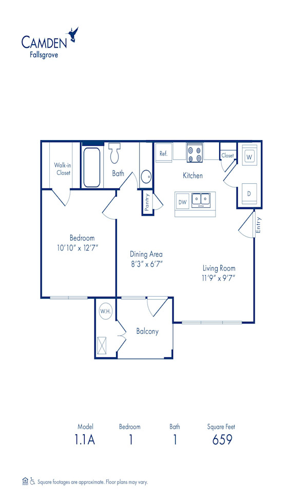 Blueprint of 1.1A Floor Plan, 1 Bedroom and 1 Bathroom at Camden Fallsgrove Apartments in Rockville, MD