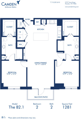 Blueprint of B2.1 Floor Plan, Two Bedroom and Two Bathroom Apartment at Camden McGowen Station Apartments in Midtown Houston, TX