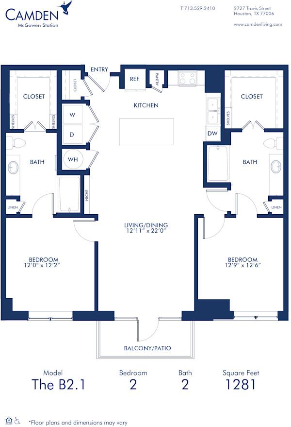 Blueprint of B2.1 Floor Plan, Two Bedroom and Two Bathroom Apartment at Camden McGowen Station Apartments in Midtown Houston, TX