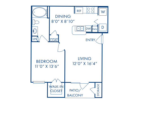 Blueprint of B1 Floor Plan, 1 Bedroom and 1 Bathroom at Camden Farmers Market Apartments in Dallas, TX