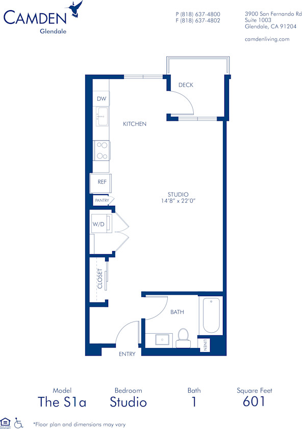 Blueprint of S1A Floor Plan, Studio Apartment Home with 1 Bathroom at Camden Glendale in Glendale, CA