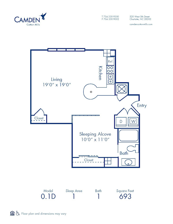 Blueprint of 0.1D Floor Plan, Studio with 1 Bathroom at Camden Cotton Mills Apartments in Charlotte, NC