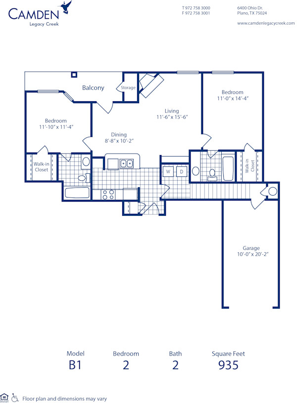 Blueprint of B1 Floor Plan, 2 Bedrooms and 2 Bathrooms at Camden Legacy Creek Apartments in Plano, TX