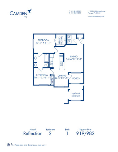 Blueprint of Reflection (Balcony) Floor Plan, 2 Bedrooms and 1 Bathroom at Camden Bay Apartments in Tampa, FL