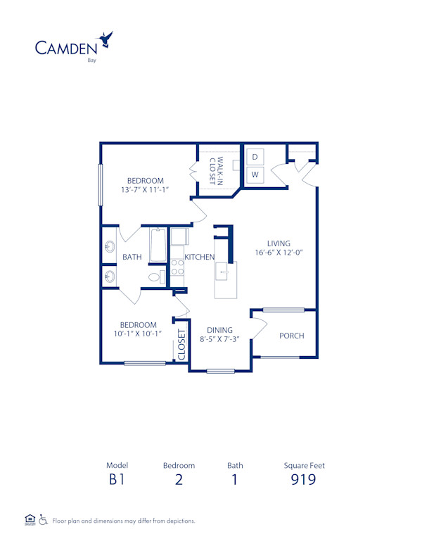 Blueprint of Reflection (Balcony) Floor Plan, 2 Bedrooms and 1 Bathroom at Camden Bay Apartments in Tampa, FL
