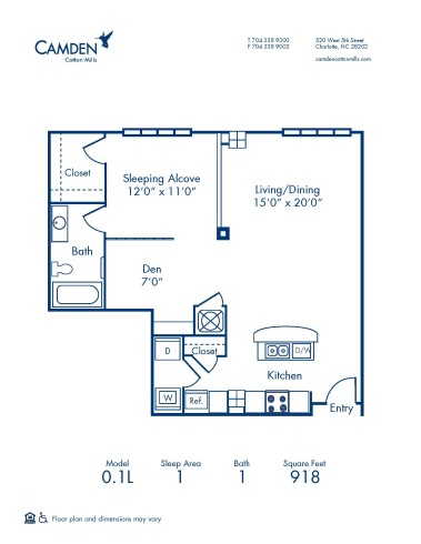 Blueprint of 0.1L Floor Plan, Studio Apartment Home with 1 Bathroom at Camden Cotton Mills in Charlotte, NC